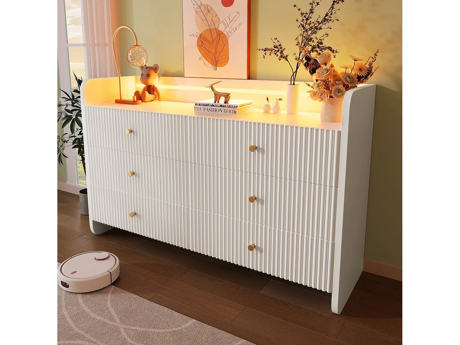 Komoda z 6 szufladami - 120 x 40 x 75 cm - Diody LED - Falisty wzór - Płyta wiórowa - do salonu i sypialni - Biała 4038279 - obrazek 1