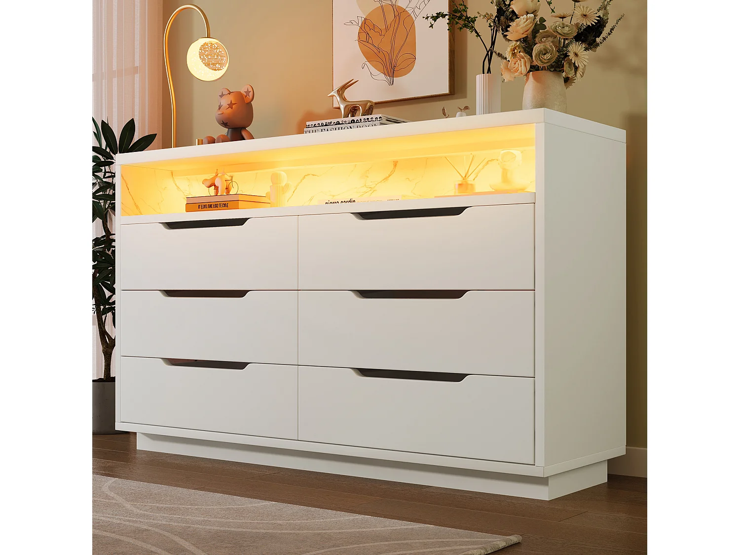 Komoda z 6 szufladami - 120 x 40 x 85 cm - LED - Płyta wiórowa - do salonu i sypialni - Biała 4038280 - obrazek 1
