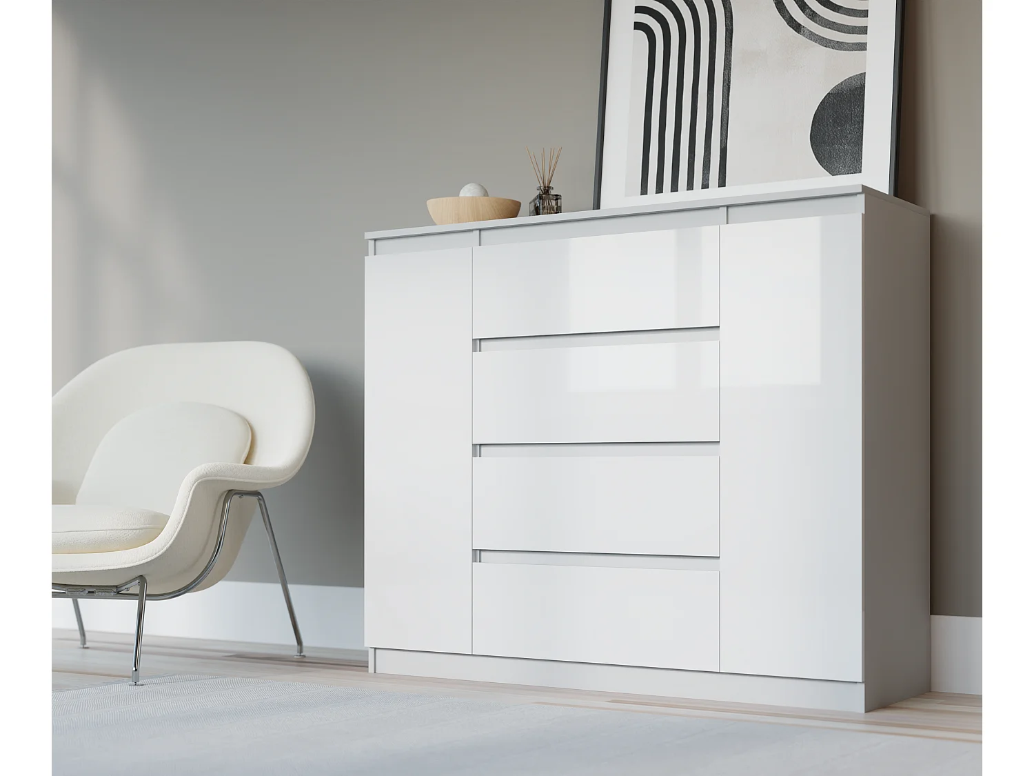 Komoda: Biała matowa / Biała błyszcząca, 120 x 39 x 101 cm, 2 drzwi, 4 szuflady 4065756 - obrazek 1