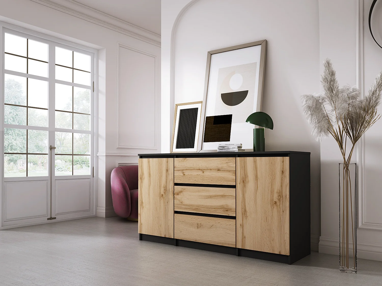 Komoda: Czarny Mat / Dąb Wotan, 140 x 78 x 39 cm, 3 szuflady, 2 drzwi 4065758