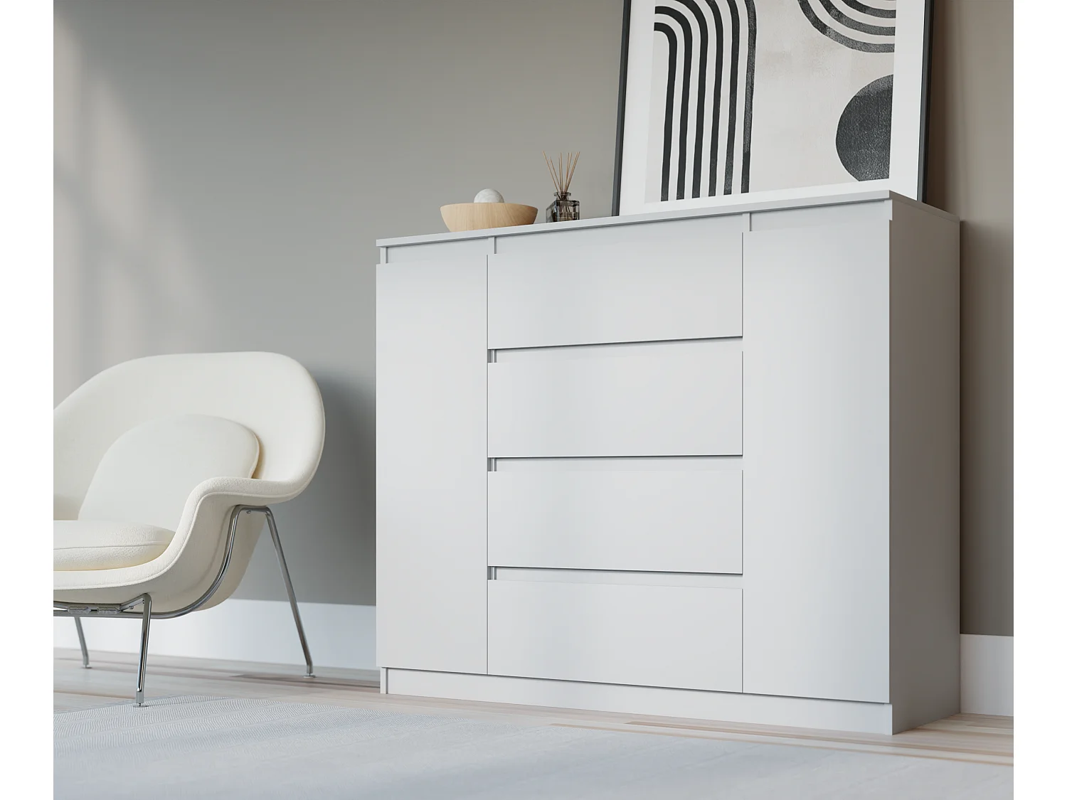 Komoda: Biała Matowa, 140 x 39 x 101 cm, 2 drzwi, 4 szuflady 4065786
