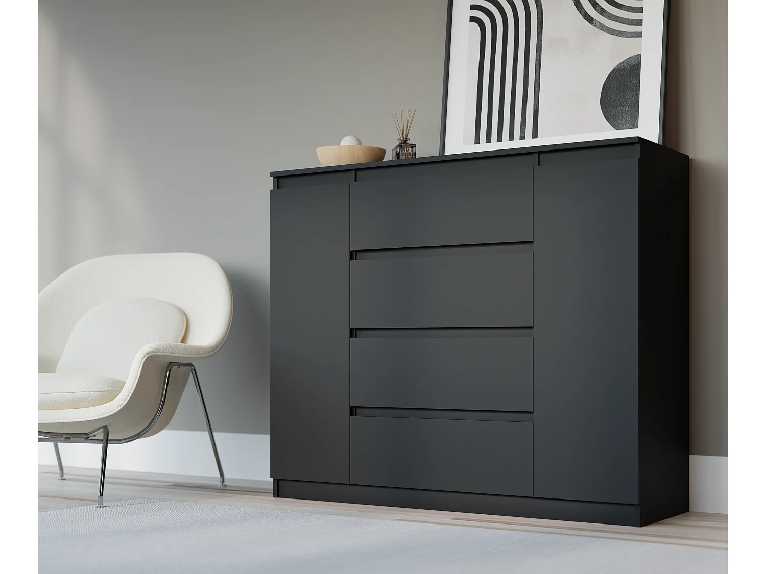 Komoda: Czarna Matowa, 140 x 39 x 101 cm, 2 drzwi, 4 szuflady 4065782