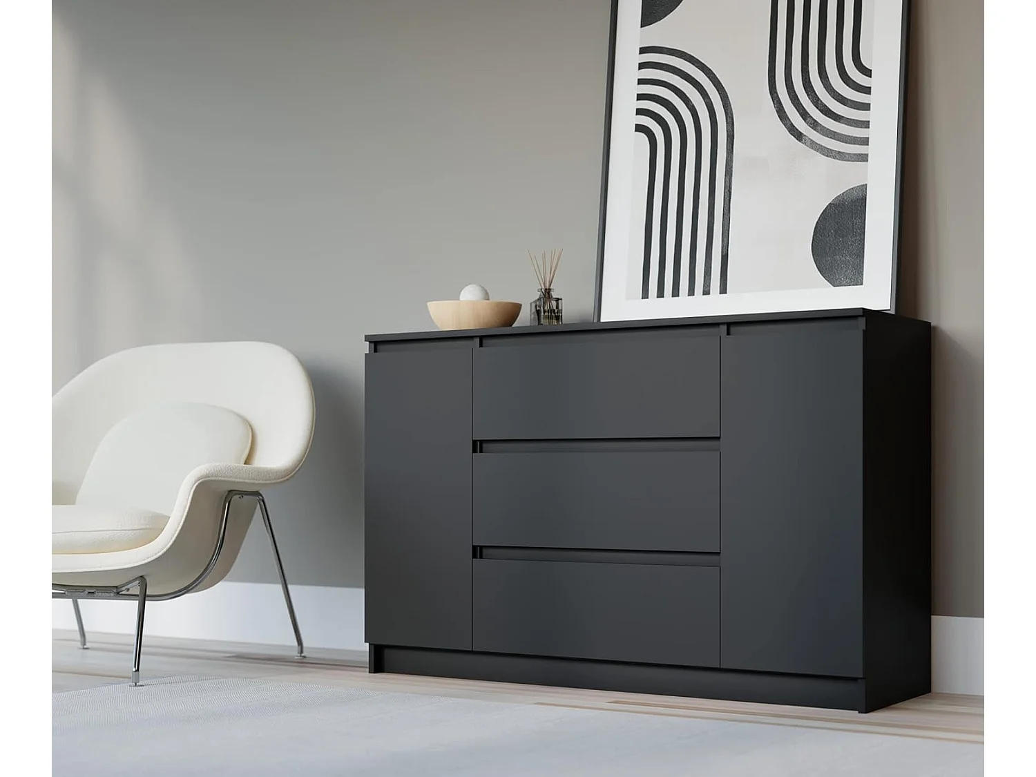 Komoda: Czarna Matowa, 120 x 39 x 78 cm, 2 drzwi, 3 szuflady 4066000