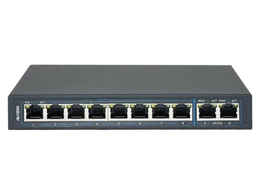 Niezarządzalny przełącznik (switch) 10xRJ45 ‑ 8 portów RJ45 PoE+ 100Mb/s + 2 porty RJ45 Uplink 1Gb/s AVIZIO