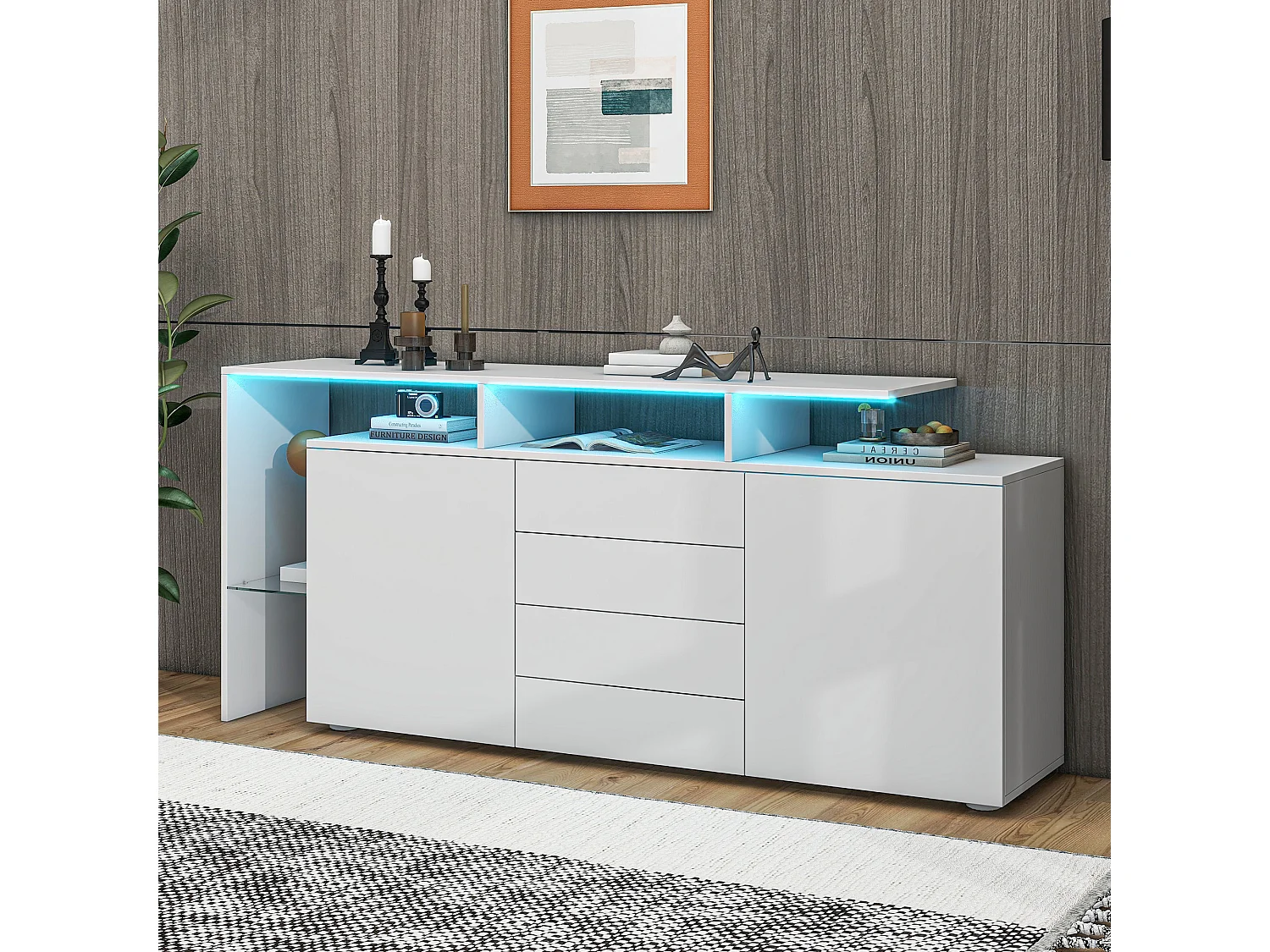 Komoda z 2 drzwiami, 4 szufladami i półkami - 160 x 35 x 70 cm - Diody LED - Płyta wiórowa - Biała 2582969 - obrazek 1