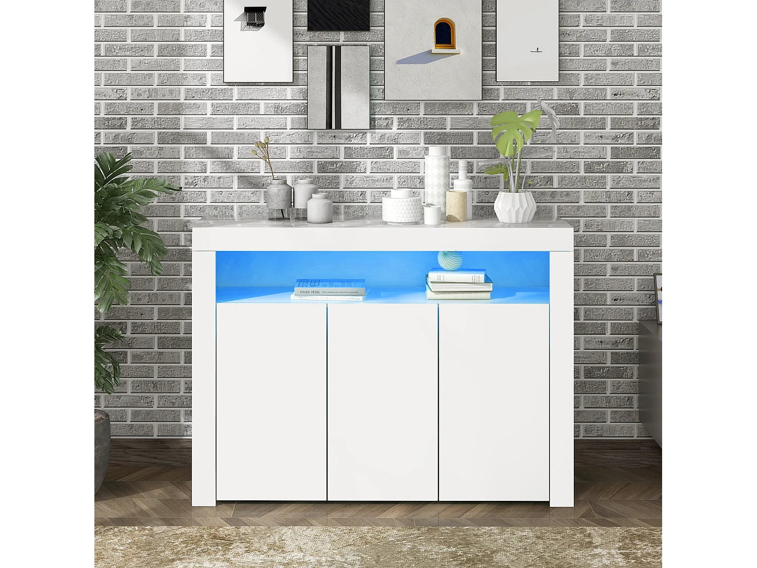Komoda z 3 drzwiami i półką - 130 x 35 x 95 cm - LED - Płyta wiórowa - Biała 2582981 - obrazek 1