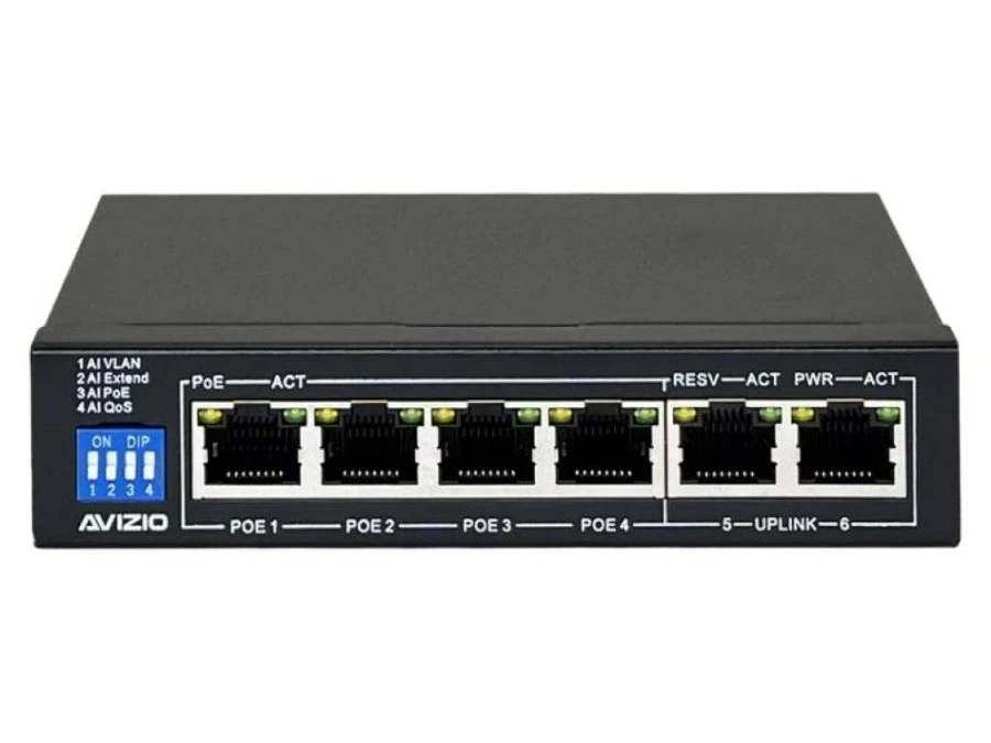 Niezarządzalny przełącznik (switch) 6xRJ45 ‑ 4 porty RJ45 PoE+ 100Mb/s + 2 porty RJ45 Uplink 100Mb/s AVIZIO