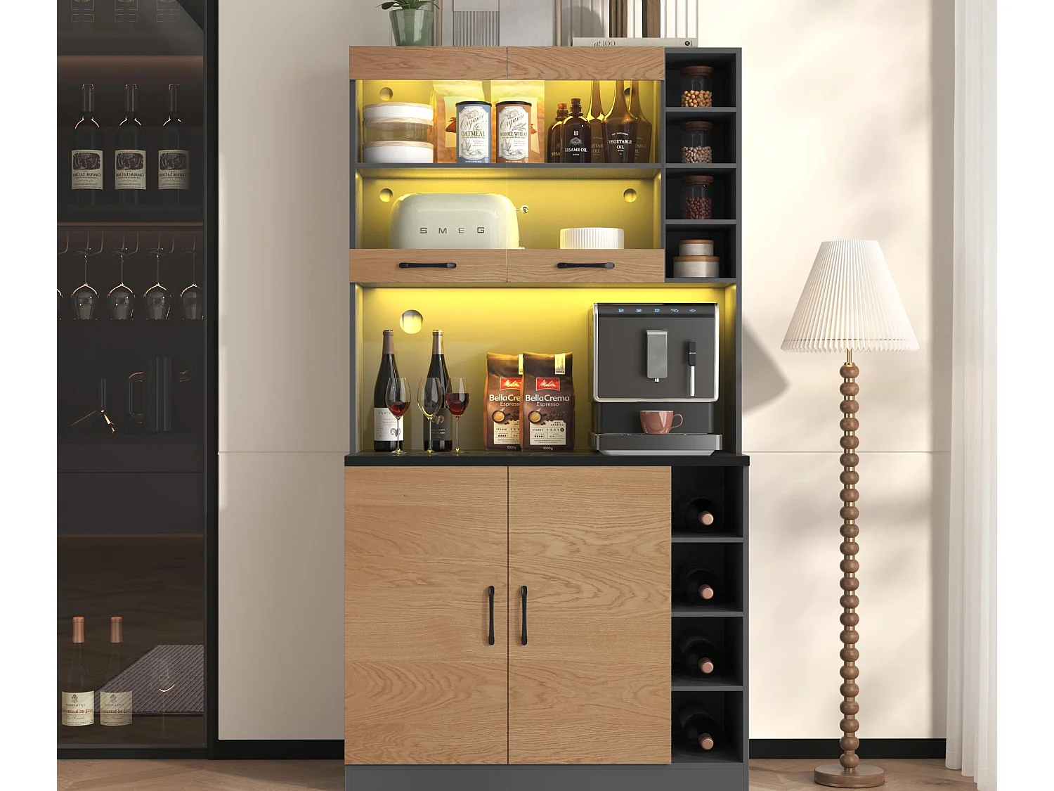 Kredens kuchenny 100×47×187 cm - z oświetleniem LED - 2 drzwi - naturalny+czarny 4141678 - obrazek 1