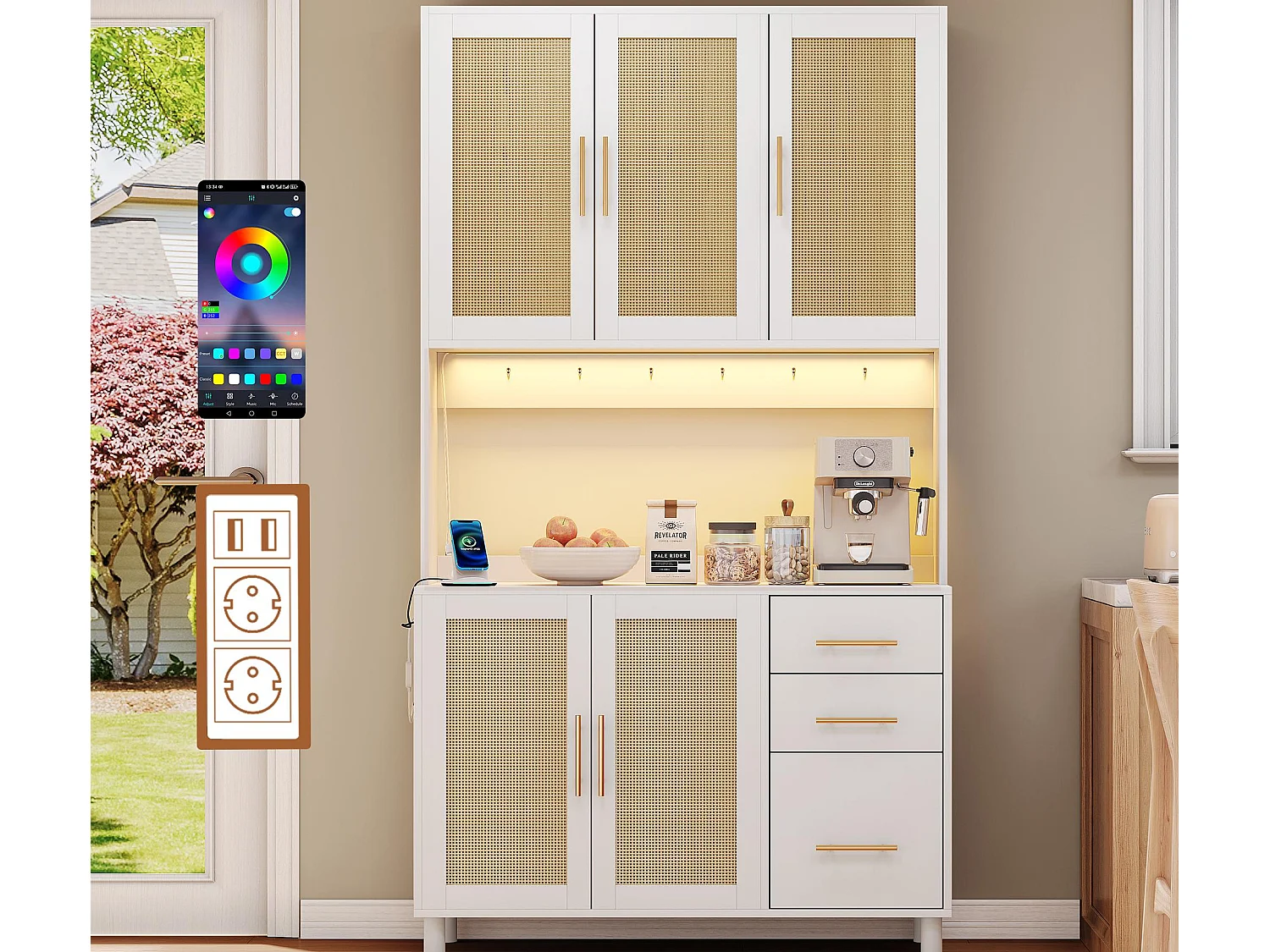 Kredens kuchenny 100×40×183 cm - z USB i gniazdkiem - z oświetleniem LED - 5 drzwi i 3 szuflady - biały+naturalny 4141673 - obrazek 1
