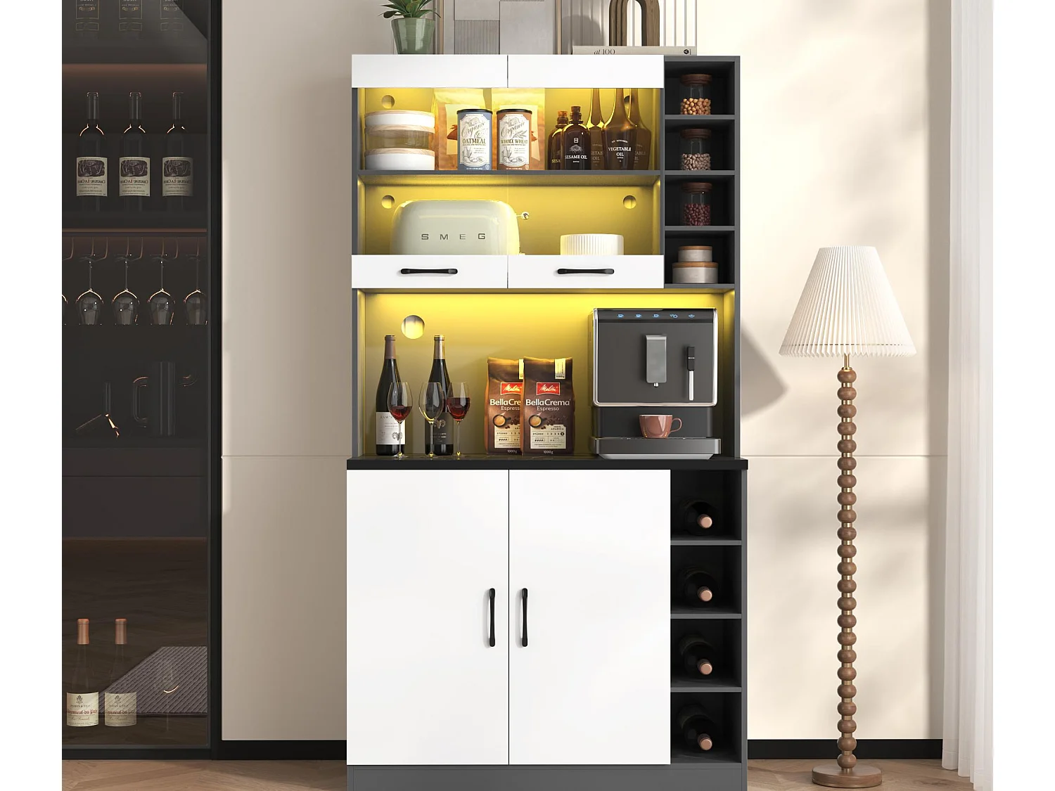 Kredens kuchenny 100×47×187 cm - z oświetleniem LED - 2 drzwi - biały+czarny 4141685 - obrazek 1