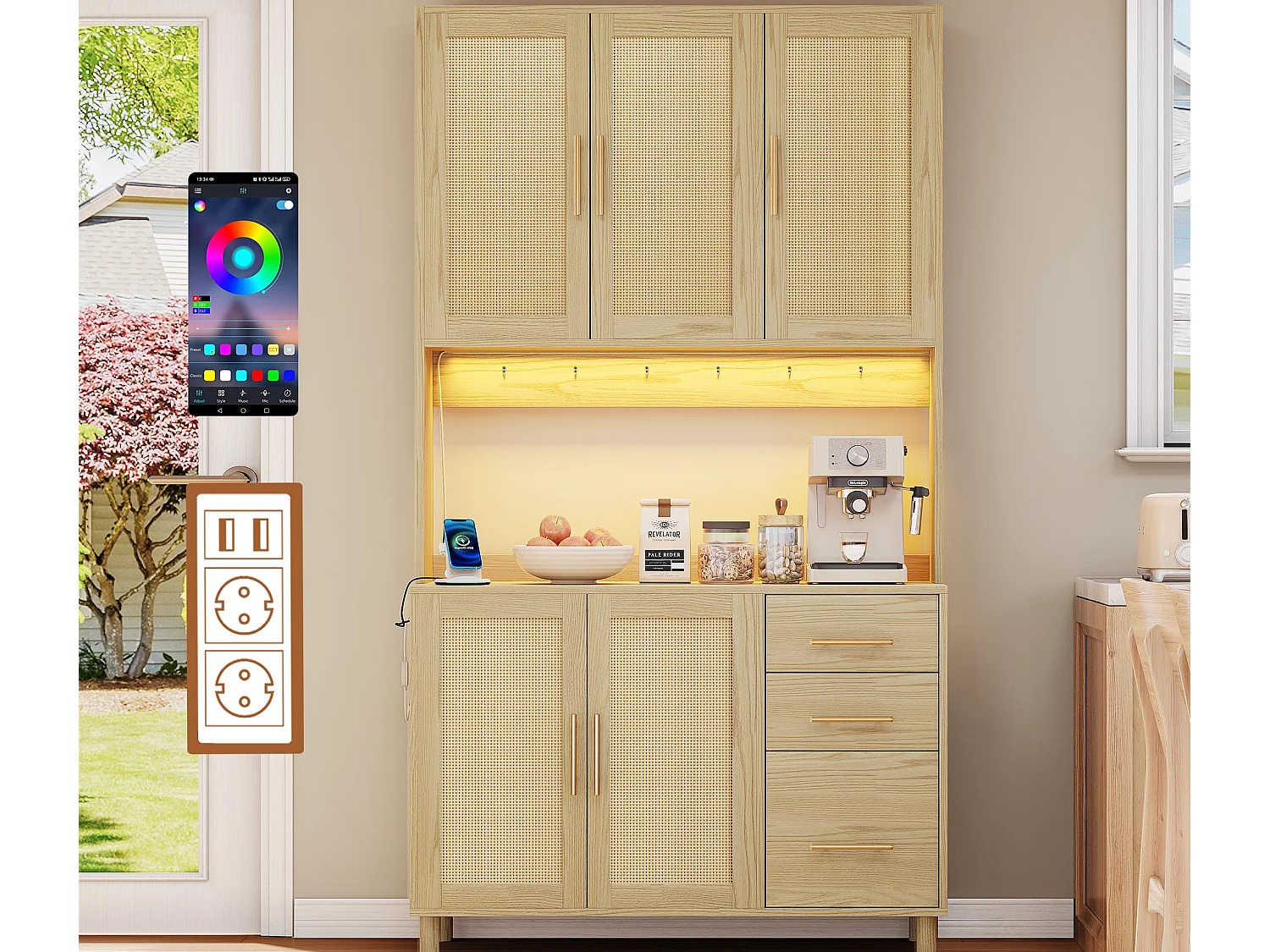 Kredens kuchenny 100×40×183 cm - z USB i gniazdkiem - z oświetleniem LED - 5 drzwi i 3 szuflady - naturalny 4141680 - obrazek 1