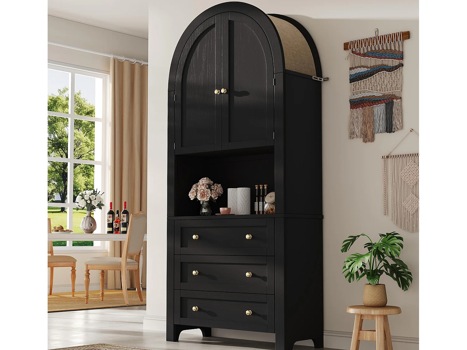 Kredens kuchenny 70×35×180 cm - 2 drzwi i 3 szuflady - łukowaty blat - czarny 4141682 - obrazek 1