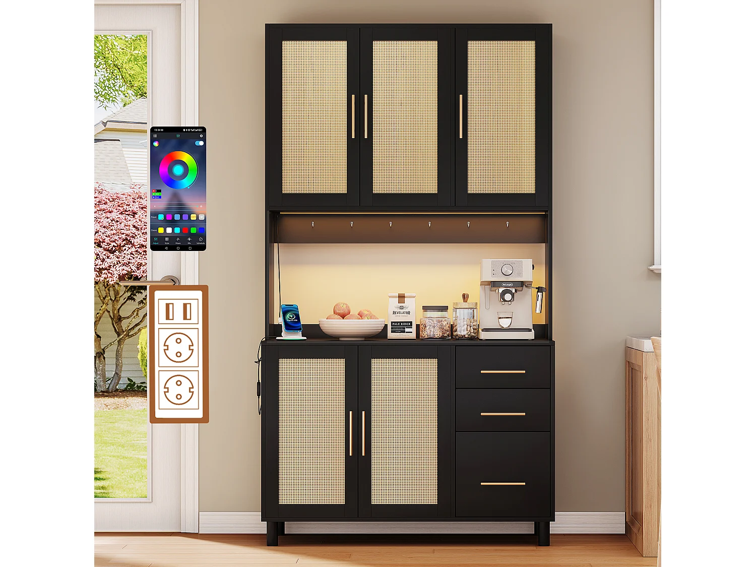Komoda kuchenna z diodami LED - 100 x 40 x 183 cm - z USB + gniazdkami + regulowane półki + 3 szuflady - MDF - czarny 4152299 - obrazek 1