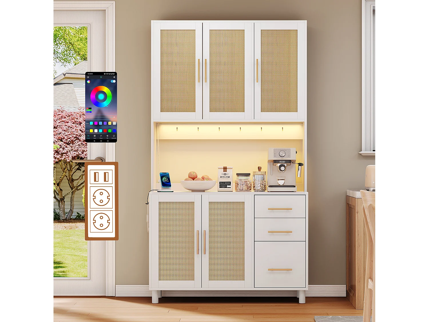 Komoda kuchenna z diodami LED - 100 x 40 x 183 cm - z USB + gniazdkami + regulowane półki + 3 szuflady - MDF - biała 4152297 - obrazek 1