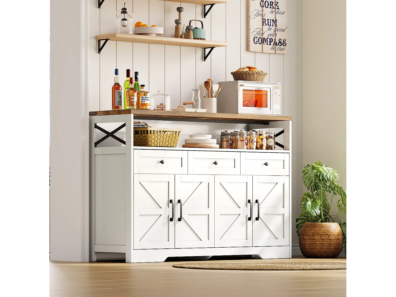 Kredens kuchenny 4 drzwiowy - 140 x 95 x 35 cm - szafki z półkami + 3 szuflady - MDF - biały 4152305 - obrazek 1