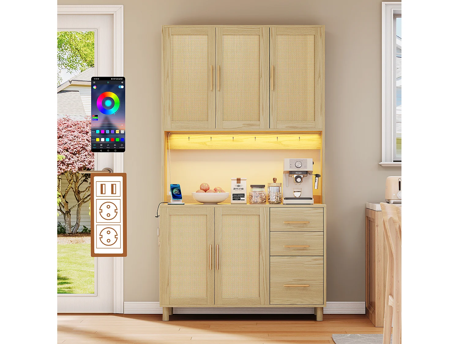 Komoda kuchenna z diodami LED - 100 x 40 x 183 cm - z USB + gniazdkami + regulowane półki + 3 szuflady - MDF - naturalny 4152302 - obrazek 1