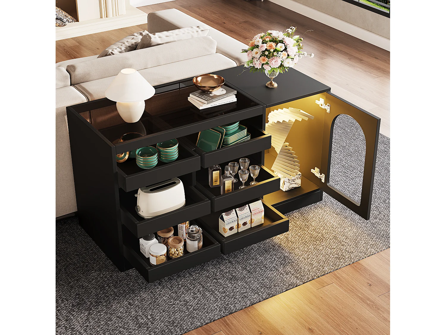 Kredens kuchenny z drzwiami - 120 x 40 x 75 cm - z 6 szufladami + LED - MDF - czarny 4152301 - obrazek 1