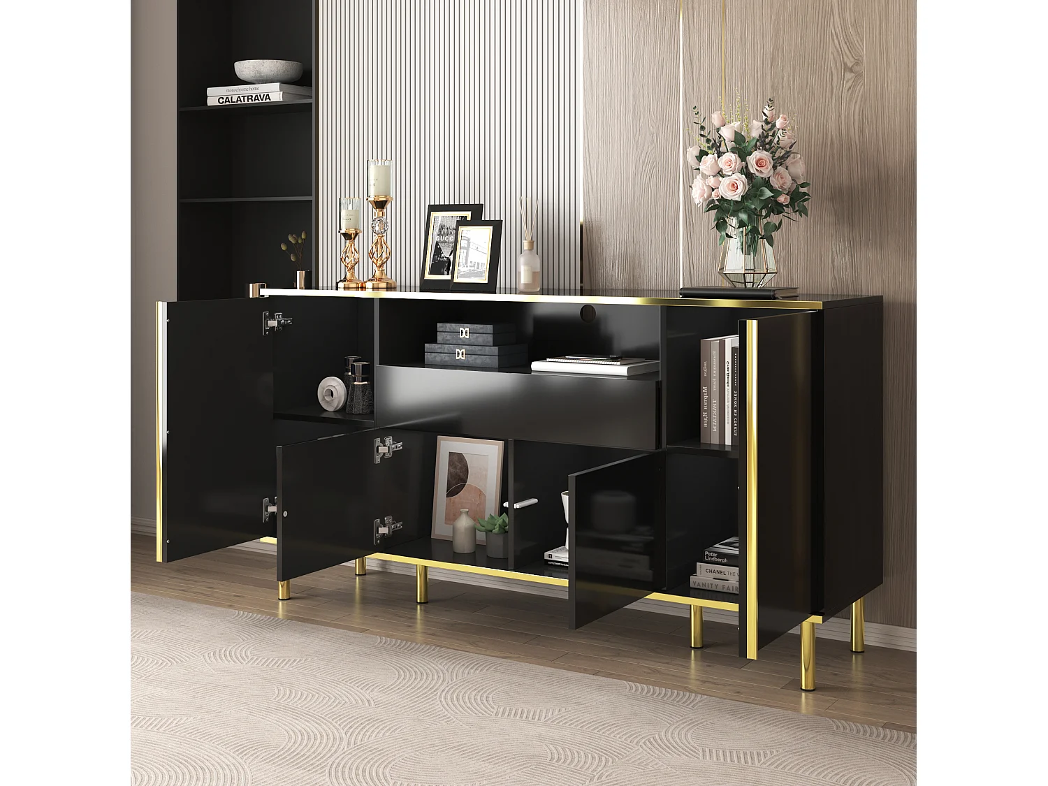 Komoda niska połysk - 150 x 40 x 80 cm - z 1 szufladą + 4 drzwi - Płyta wiórowa + MDF - czarny 4152717 - obrazek 1