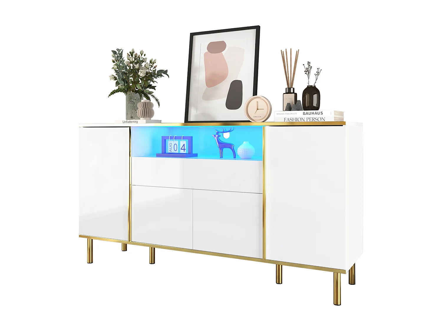 Komoda niska połysk - 150 x 40 x 80 cm - z 1 szufladą + 4 drzwi - Płyta wiórowa + MDF - biała 4152722 - obrazek 1