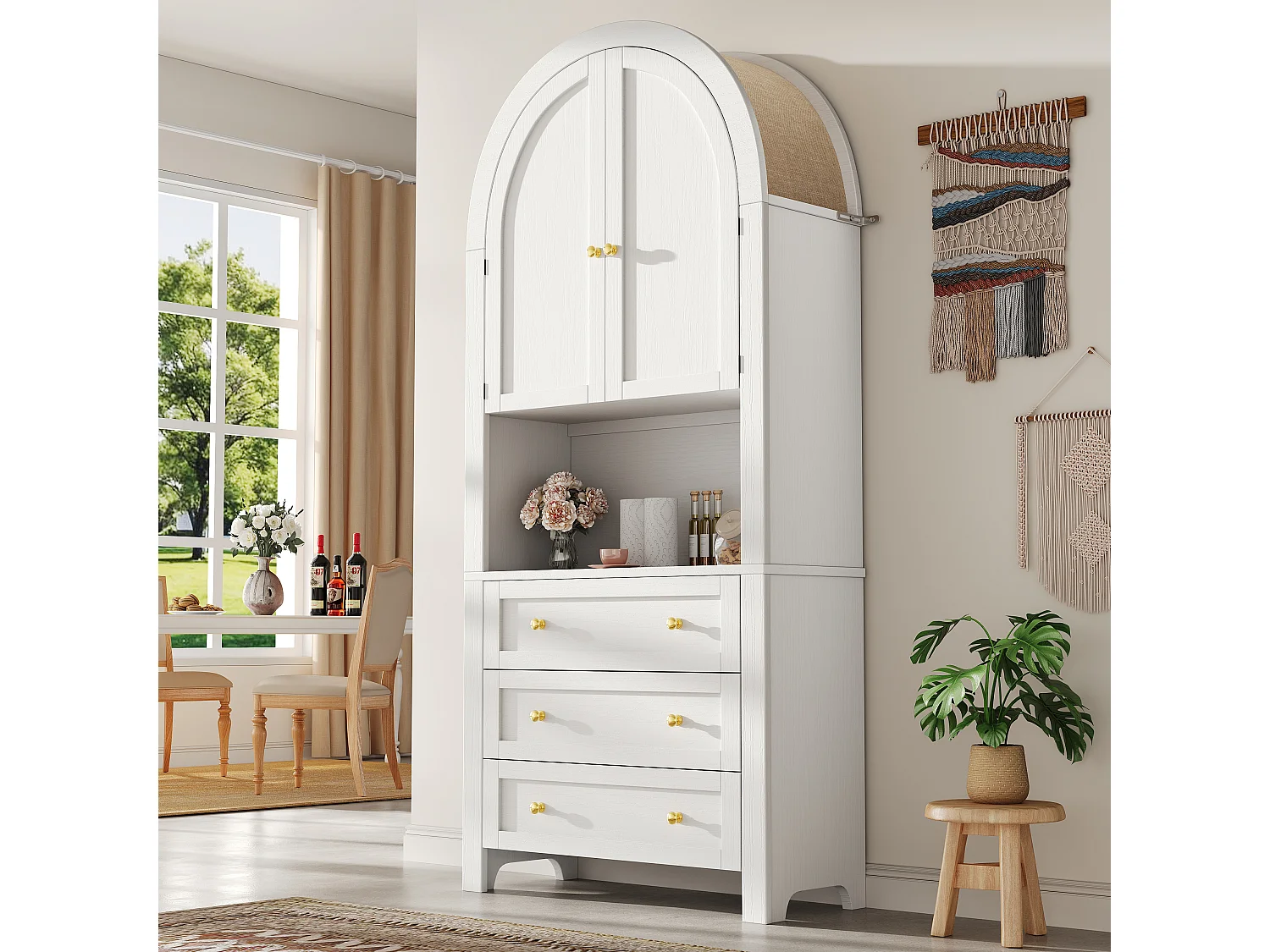 Komoda wysoka do przechowywania - 70 x 35 x 180 cm - łukowa z 3 szufladami i 2 drzwiami - MDF - biała 4152742 - obrazek 1