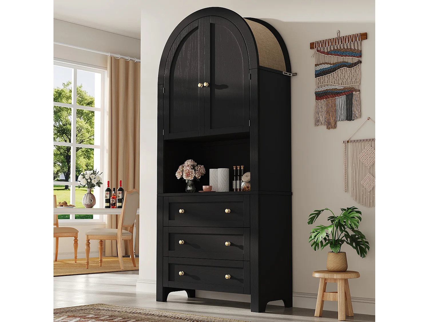 Komoda wysoka do przechowywania - 70 x 35 x 180 cm - łukowa z 3 szufladami i 2 drzwiami - MDF - czarna 4152746 - obrazek 1