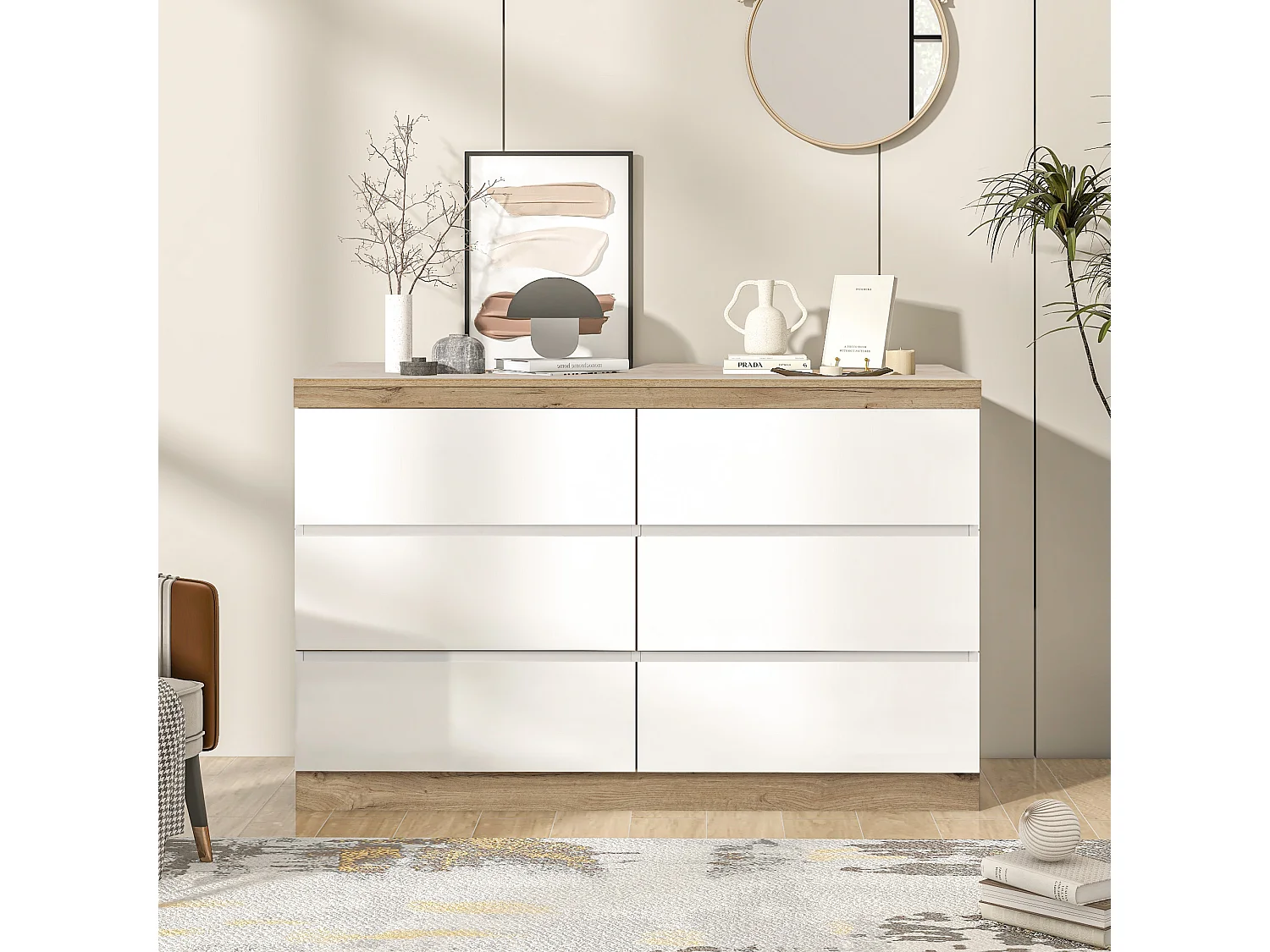 Komoda 6-szufladowa - 110 x 40 x 67,5 cm - do sypialni i salonu - płyta wiórowa E1 - biały + dąb 4152819 - obrazek 1