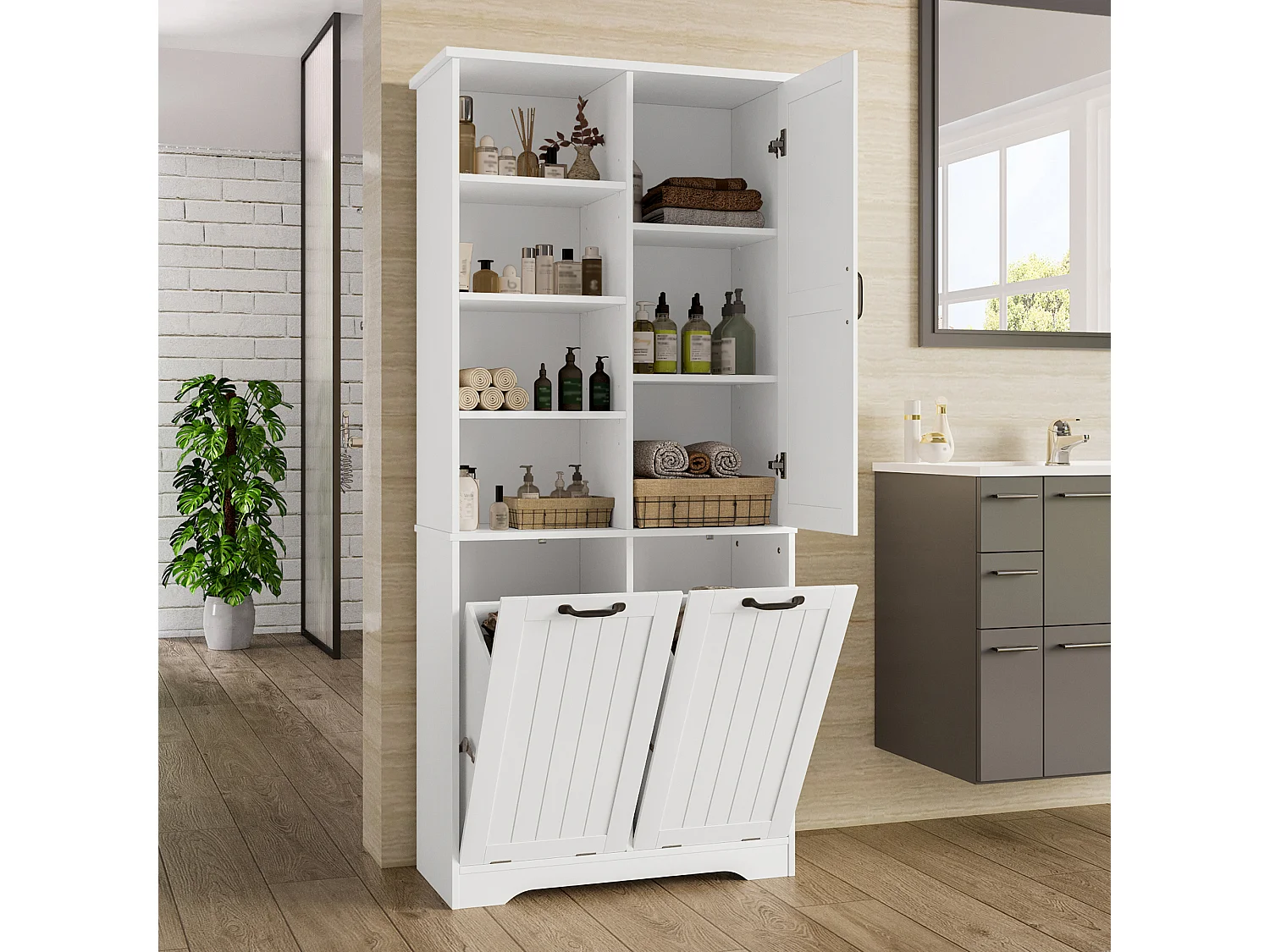 Kolumna łazienkowa – 78 x 35 x 172 cm – z koszem na pranie + 4 przegródkami + 1 drzwi – DMF – biały 4171572