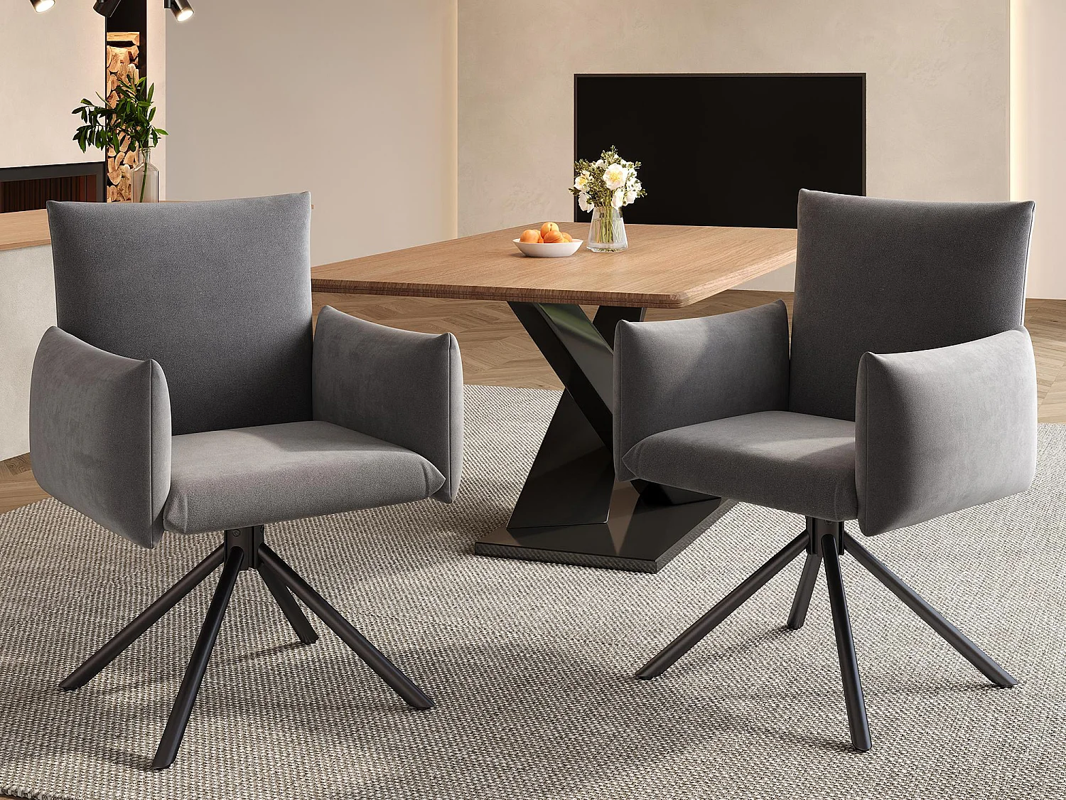 Komplet 2 foteli tapicerowanych – Obracane o 360° – z 4 metalowymi nogami – Aksamit – Szary 4182005