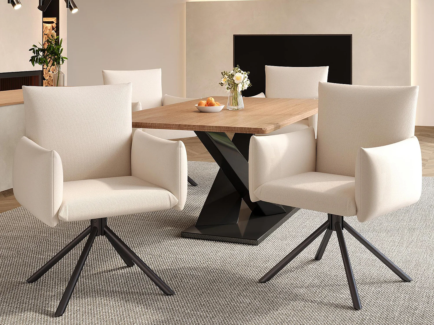 Komplet 4 foteli tapicerowanych - Obracane o 360° - z 4 metalowymi nogami - Len - Beżowy 4182027 - obrazek 1