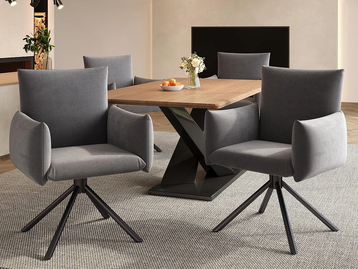 Komplet 4 foteli tapicerowanych - Obracane o 360° - z 4 metalowymi nogami - Aksamit - Szary 4182032 - obrazek 1