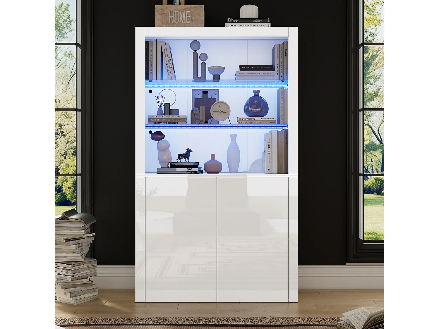 Komoda wysoka do salonu - 100 x 35 x 170 cm - 2 drzwi + LED + blat ze szkła hartowanego - MDF + szkło hartowane - biała 4188671 - obrazek 1