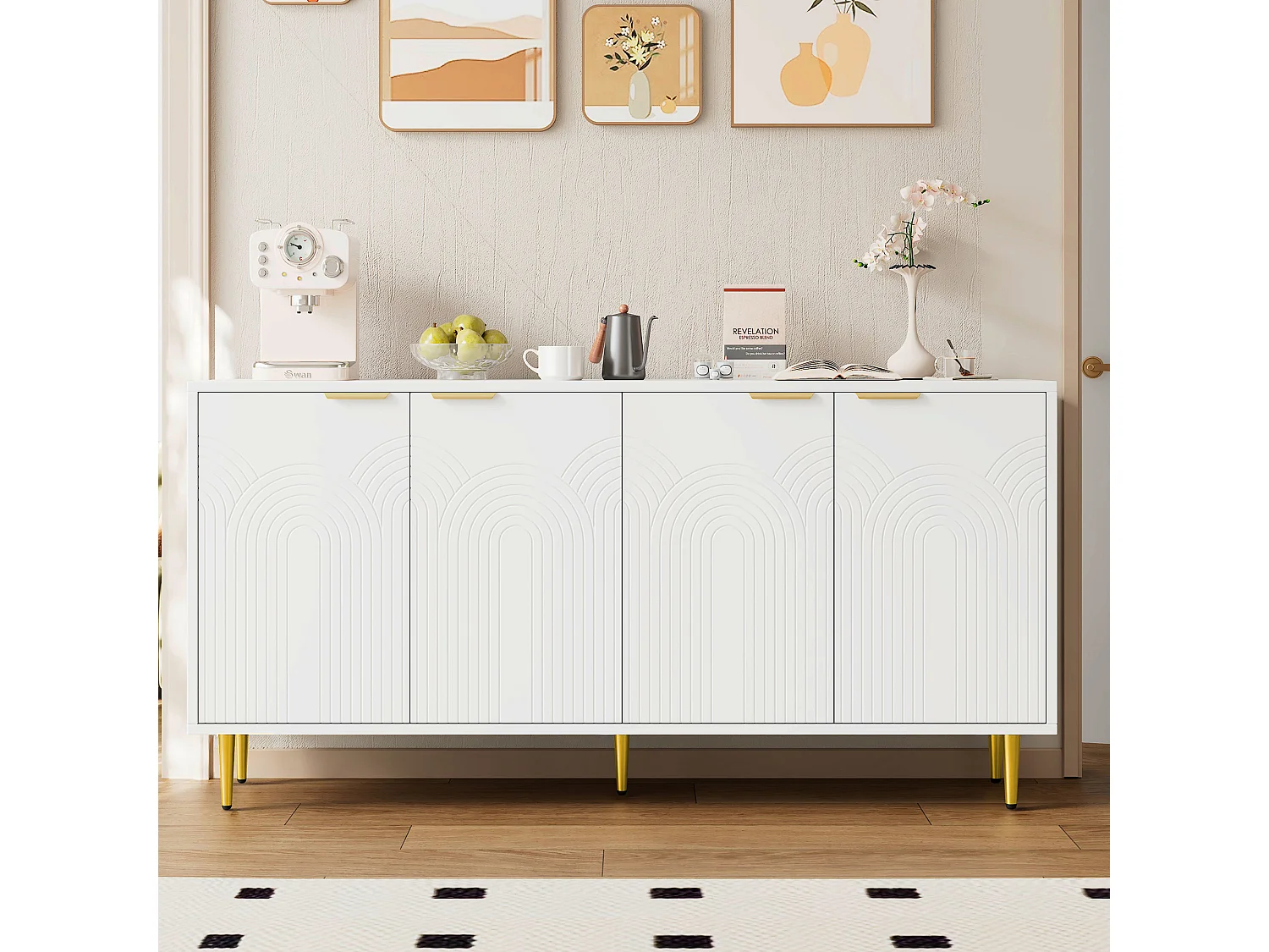 Kredens do salonu - 160 x 40 x 80 cm - z 4 drzwiami + błyszczące nogi - płyta wiórowa - biała 4192549 - obrazek 1
