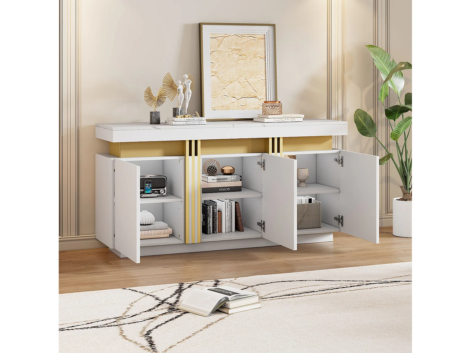 Komoda nowoczesna - 140 x 38 x 70 cm - z 3 drzwiami + przegródki regulowane - płyta wiórowa - biała 4273103 - obrazek 1