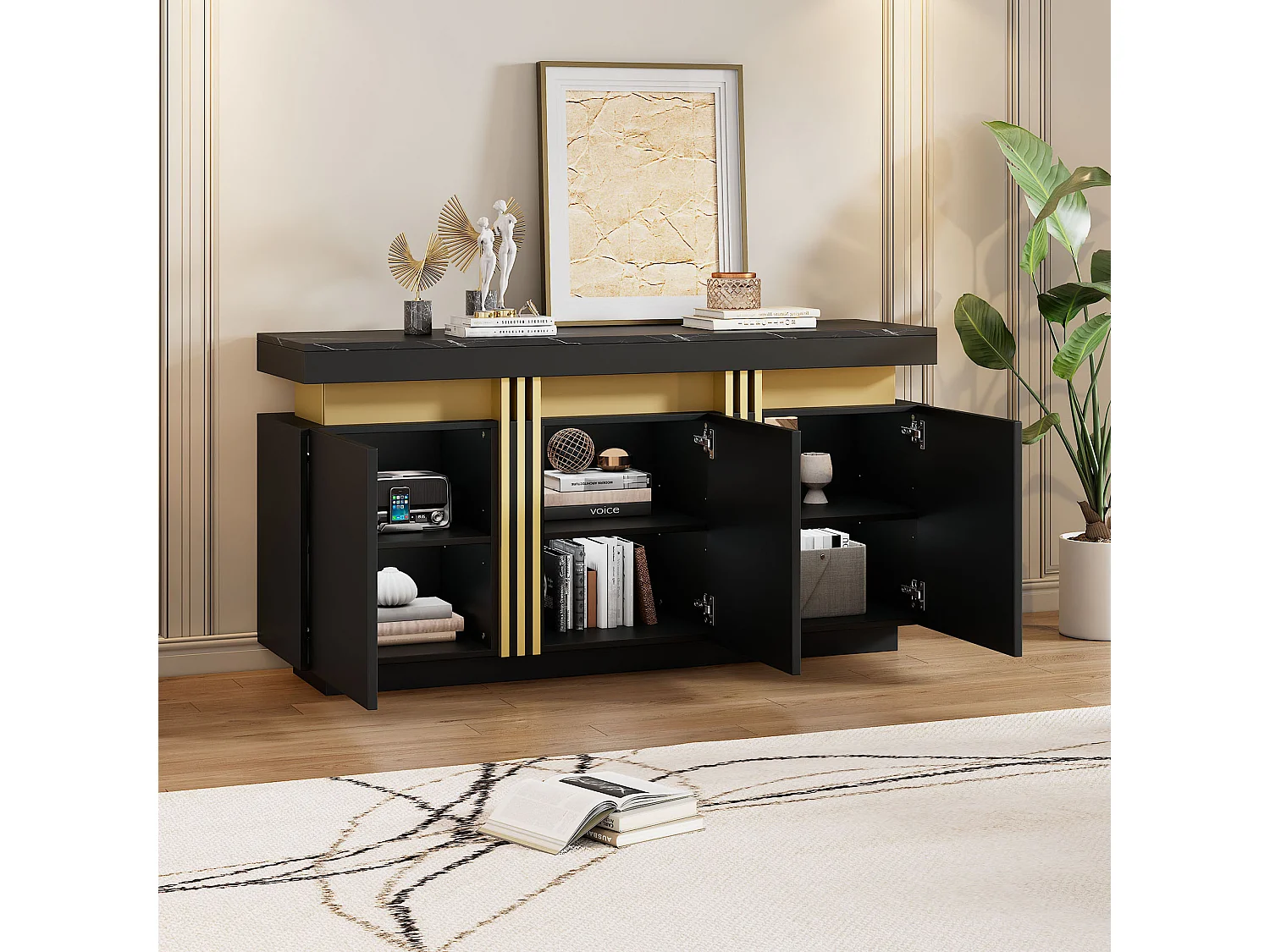 Komoda nowoczesna - 140 x 38 x 70 cm - z 3 drzwiami + przegródki regulowane - płyta wiórowa - czarna 4273106 - obrazek 1