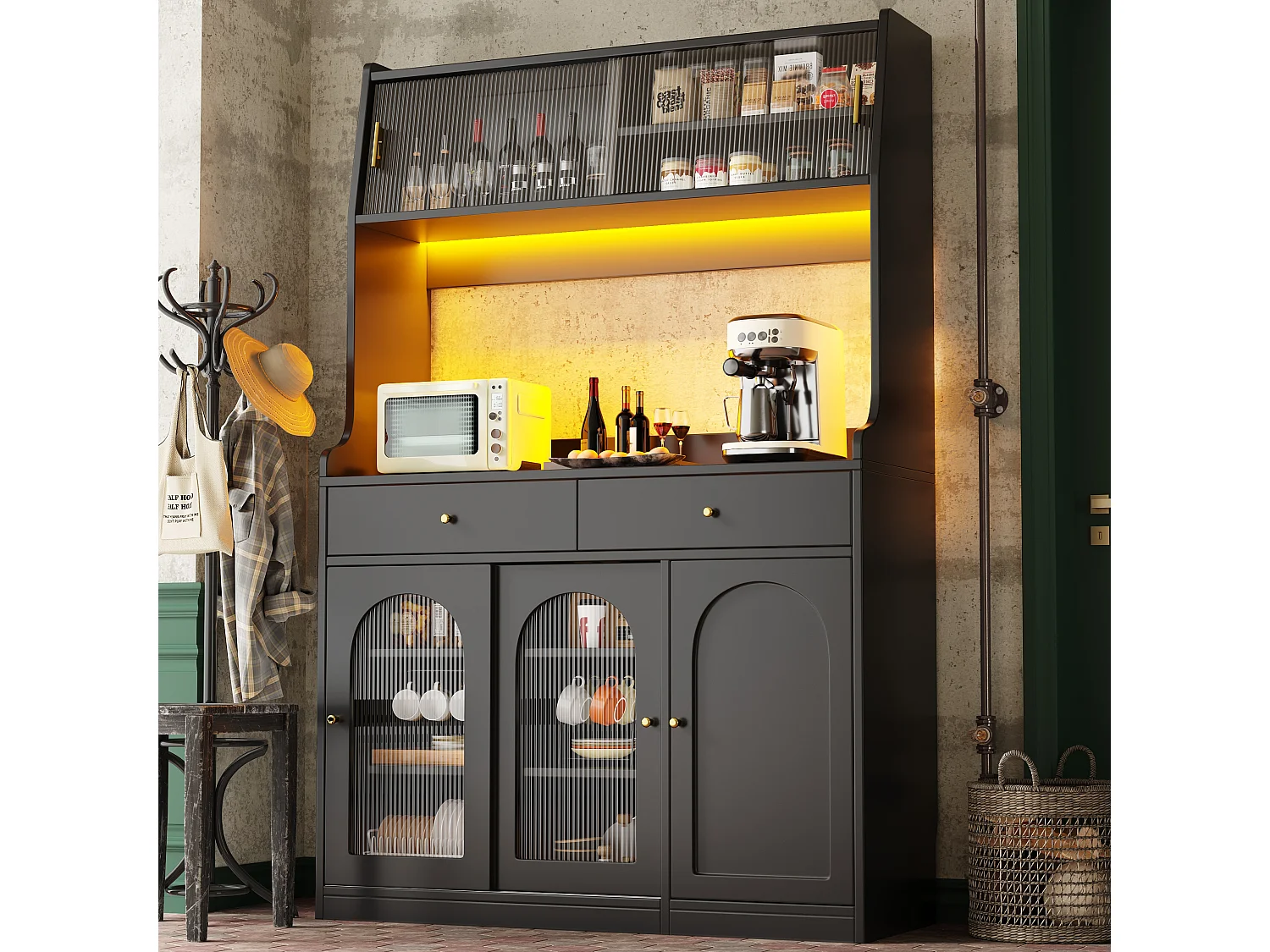 Komoda kuchenna wysoka - 120 x 40 x 180 cm - z regulowanymi półkami + 2 szuflady + 3 drzwi + diody LED - MDF + PB - czarna 4284387 - obrazek 1