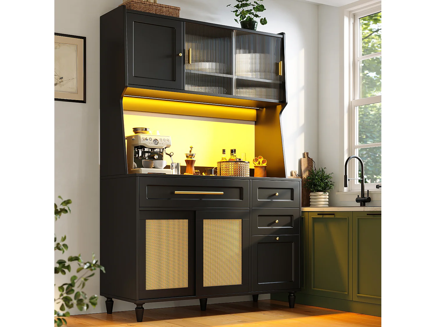 Komoda kuchenna wysoka - 120 x 45 x 195,5 cm - z regulowanymi półkami + 3 szuflady + 3 drzwi + diody LED - MDF + rattan PE - czarny 4284392 - obrazek 1