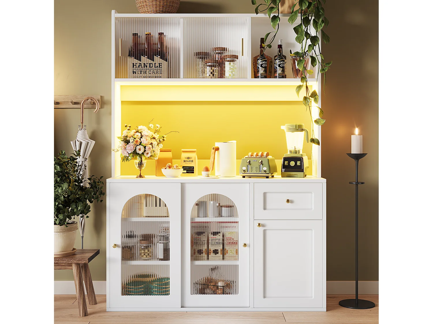 Komoda kuchenna wysoka - 120 x 35 x 167 cm - z regulowanymi półkami + 3 drzwi + 1 szuflada + diody LED - MDF + PB - biała 4284400 - obrazek 1