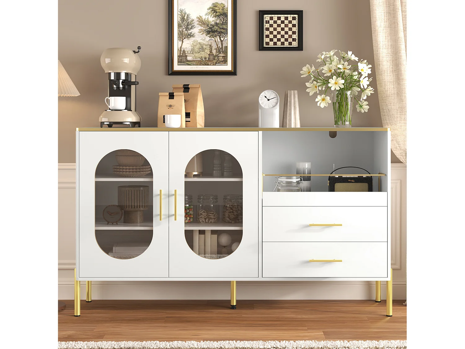 Komoda z 2 szufladami i 2 szklanymi drzwiami - 140 x 38 x 90 cm - dużo miejsca do przechowywania - MDF - biała 4321851 - obrazek 1