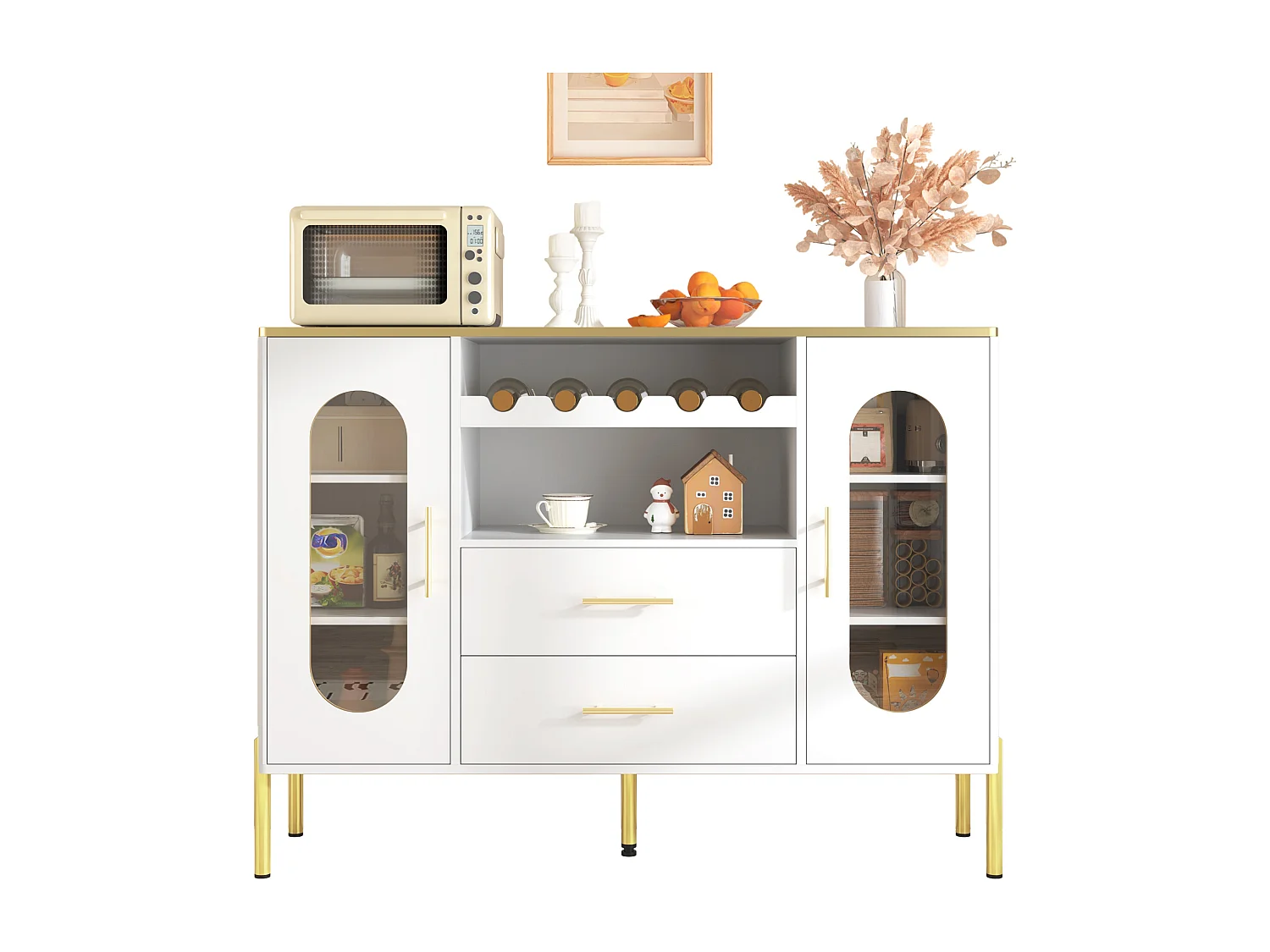 Komoda z frontami szklanymi i regałem na wino - 120 x 38 x 90 cm - z 2 szufladami - nóżki regulowane - płyta MDF - biała 4321859 - obrazek 1