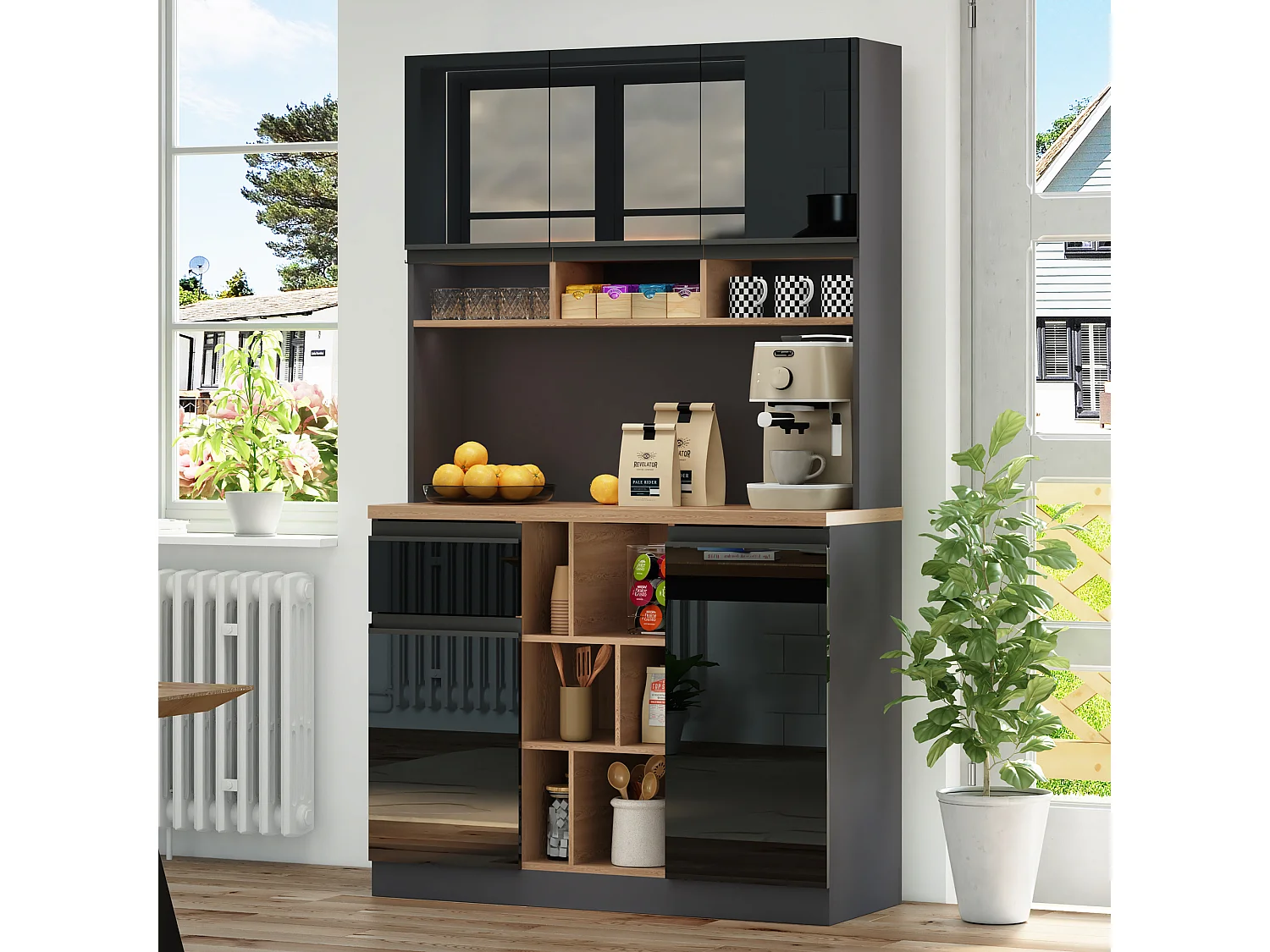 Komoda wysoka - 105 x 45 x 185 cm - z regulowanymi półkami + 1 szuflada + 3 drzwi - MDF - czarna 4321907 - obrazek 1