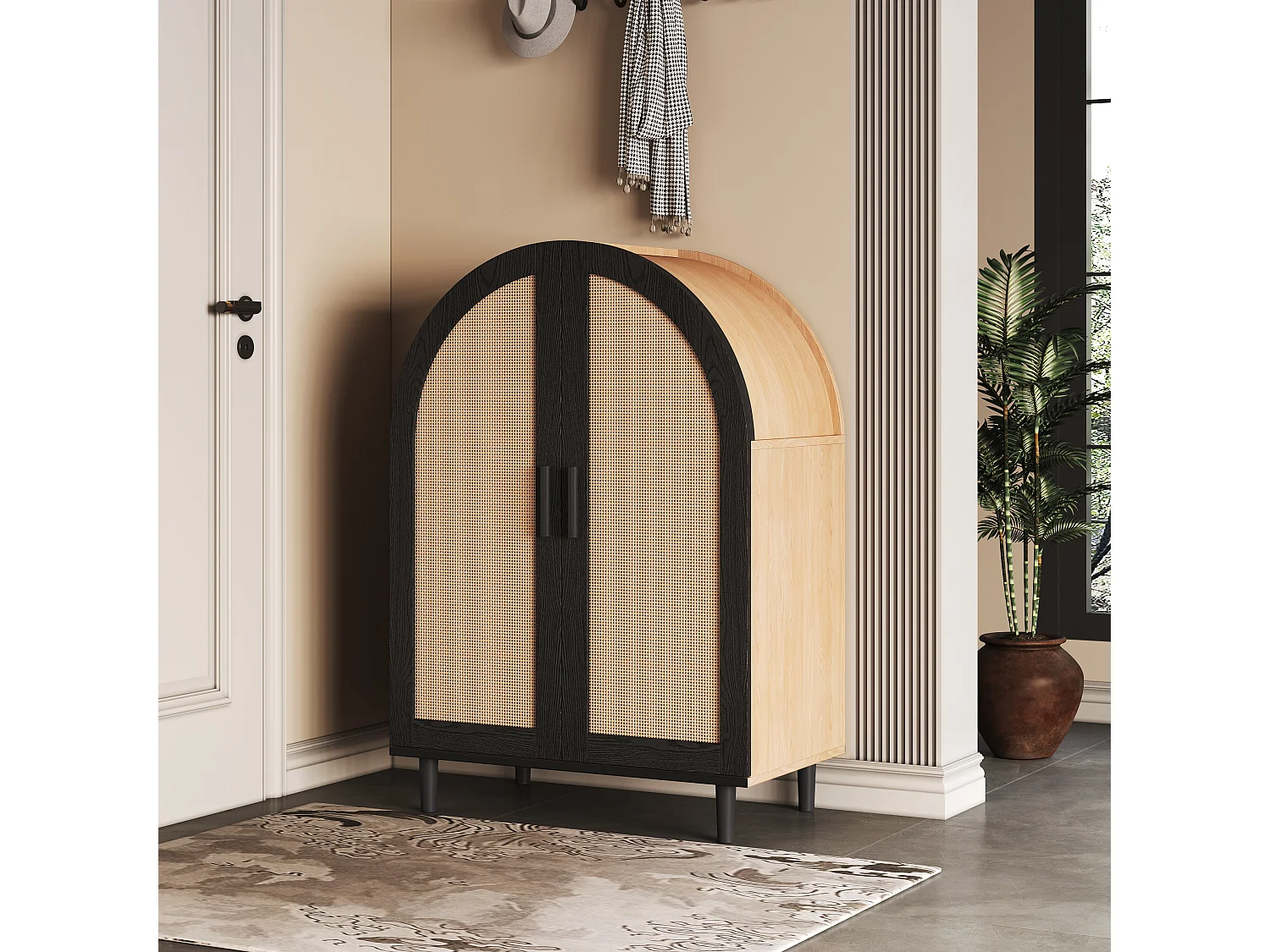 Komoda/szafka na buty - 70 x 40 x 100 cm - z 2 drzwiami ażurowymi z rattanu + 3 półki - MDF - naturalny 4368626 - obrazek 1