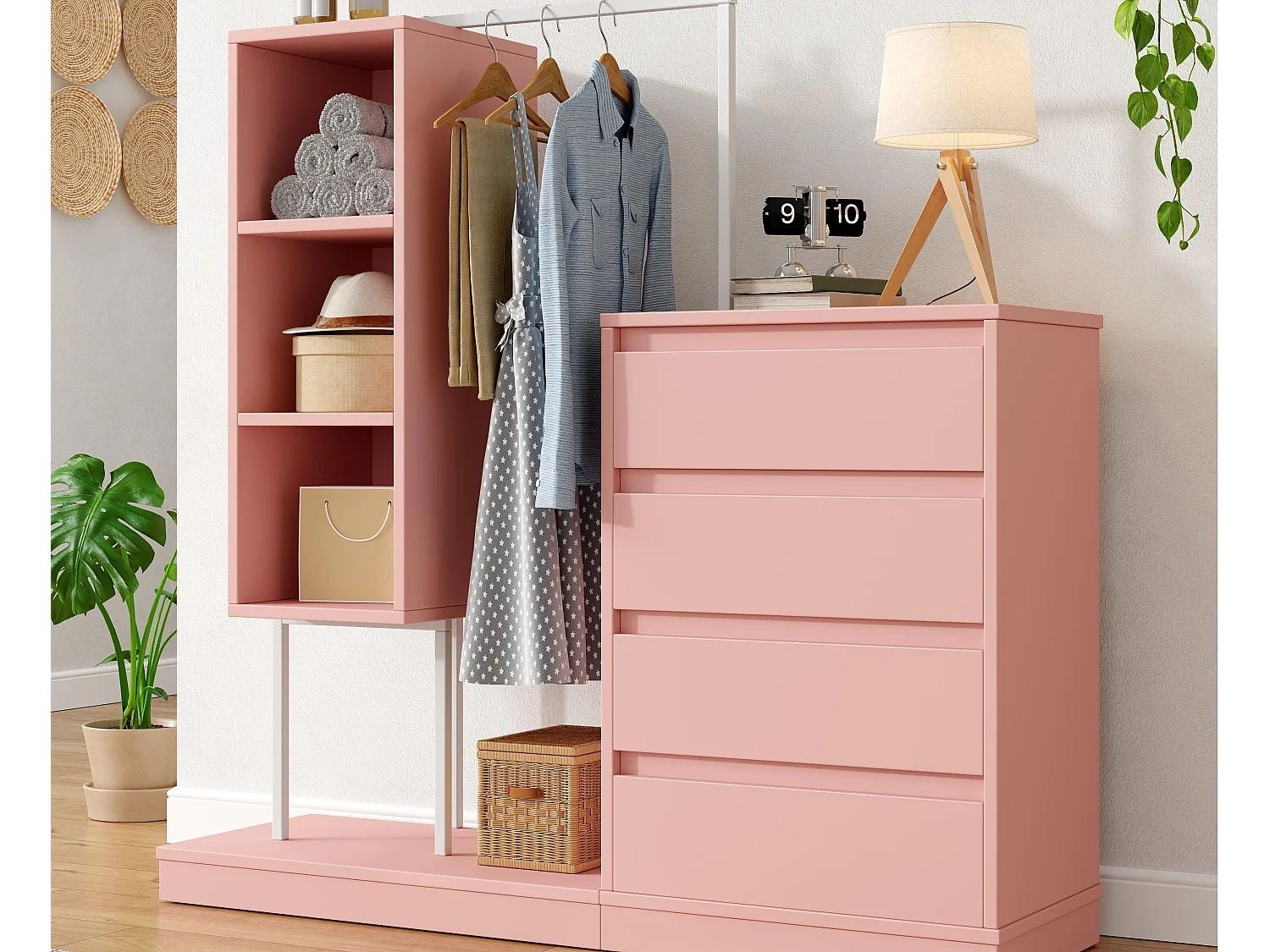 Kommoda wielofunkcyjna – 4 szuflady + 3 otwarte przegródki + wieszak na ubrania – różowy 4377397