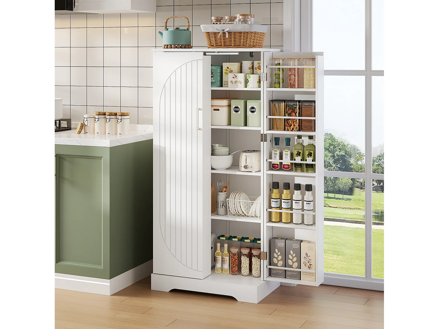 Kredens kuchenny - 60 x 35 x 128 cm - z oświetleniem LED + regulowane półki + 2 drzwi z miejscem do przechowywania - płyta MDF - biały 4396758 - obrazek 1