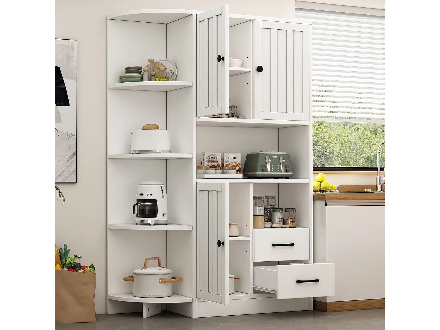 Komoda narożna wysoka - 104 x 35 x 155 cm - z 3 szafkami + 2 szufladami + półkami - płyta wiórowa - biała 4396766 - obrazek 1