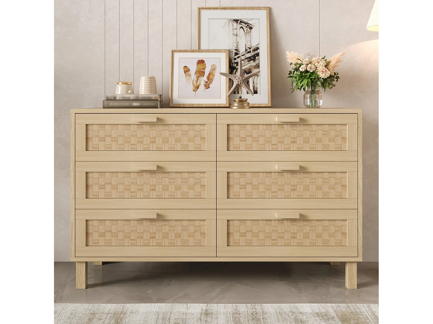 Komoda z 6 szufladami - 120 x 40 x 75 cm - szuflady imitujące rattan - płyta wiórowa - kolor naturalny 4396768 - obrazek 1