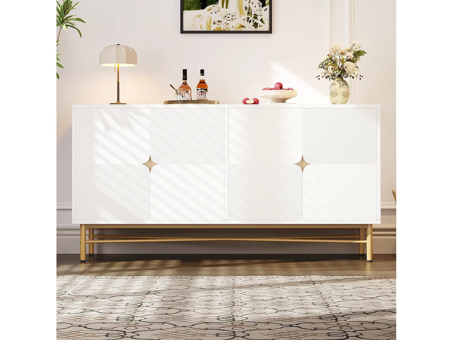 Komoda teksturowana - 160 x 40 x 82 cm - z 4 drzwiami - nogi błyszczące - biała - płyta wiórowa - biała 4396788 - obrazek 1