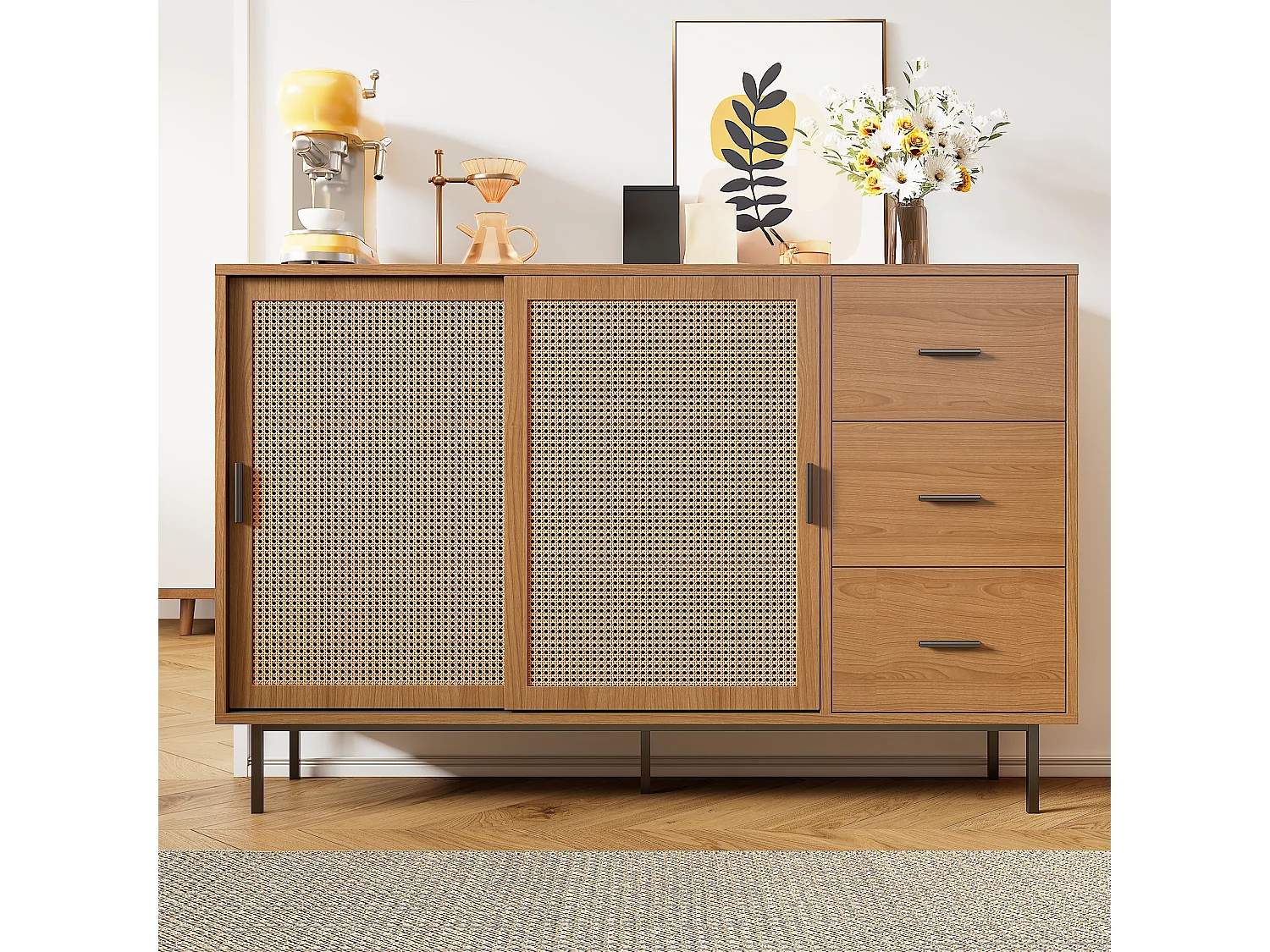 Komoda w stylu rustykalnym - 140 x 37 x 91 cm - z 2 drzwiami przesuwnymi + 3 szufladami - płyta wiórowa - naturalna 4396798 - obrazek 1