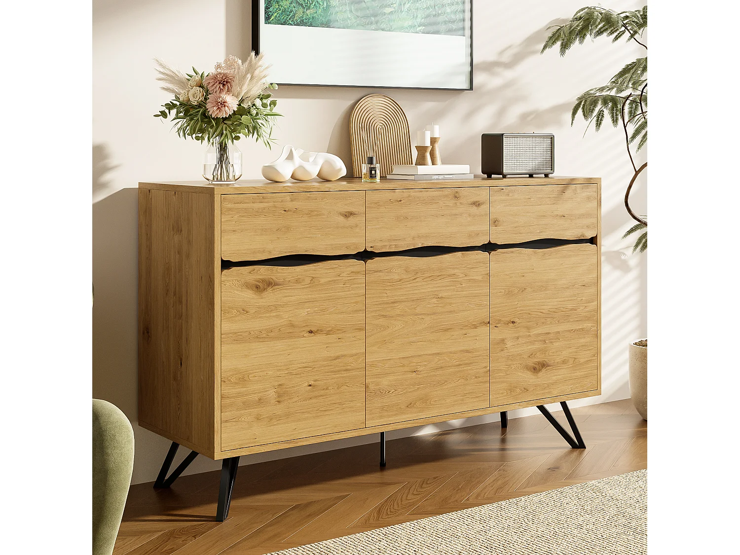 Komoda 3-drzwiowa - 140 x 40 x 75,5 cm - do salonu i jadalni - płyta wiórowa - naturalna 4396815 - obrazek 1