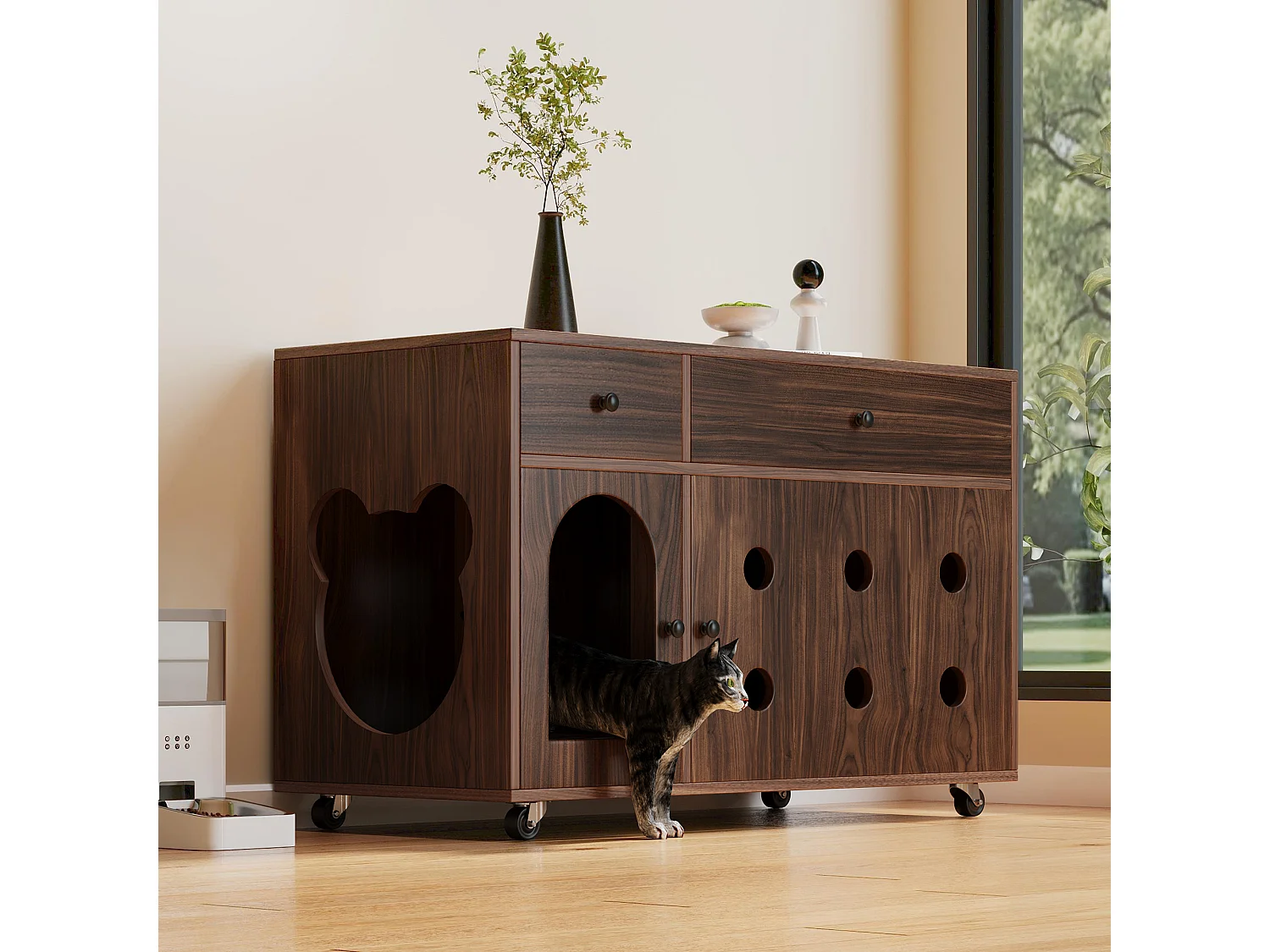 Komoda na kółkach - 100 x 45 x 66 cm - z wyjmowaną piaskownicą + izolacja zapachowa - MDF - ciemny brąz 4396831 - obrazek 1
