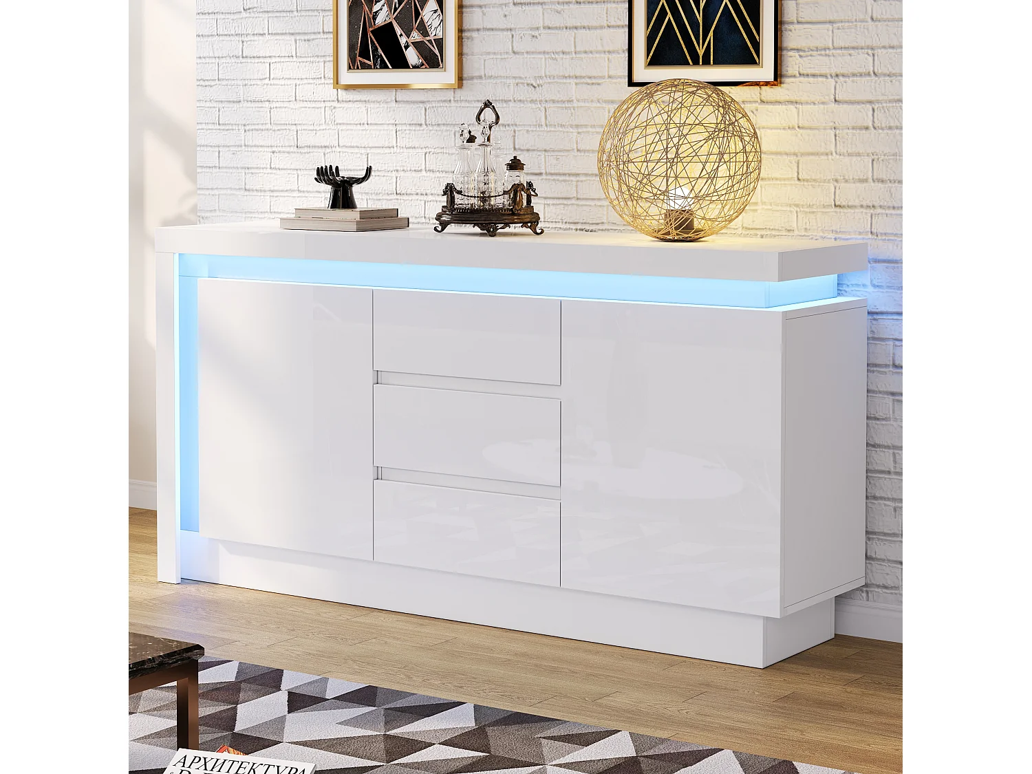 Komoda połyskowa - 140 x 35 x 72 cm - z 3 szufladami + 2 drzwiami + diodami LED + regulowane półki - płyta wiórowa - biała 4408938 - obrazek 1